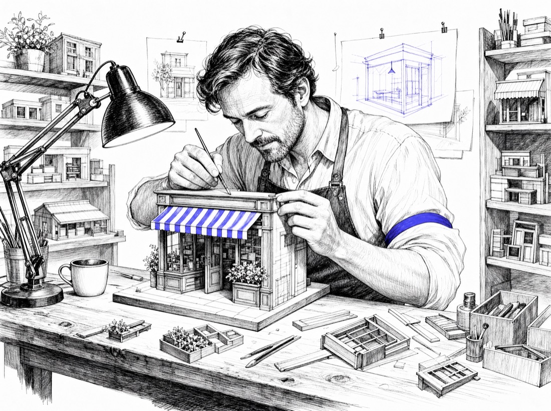 Ilustracija: majstor za radnim stolom pažljivo sklapa maketu male prodavnice