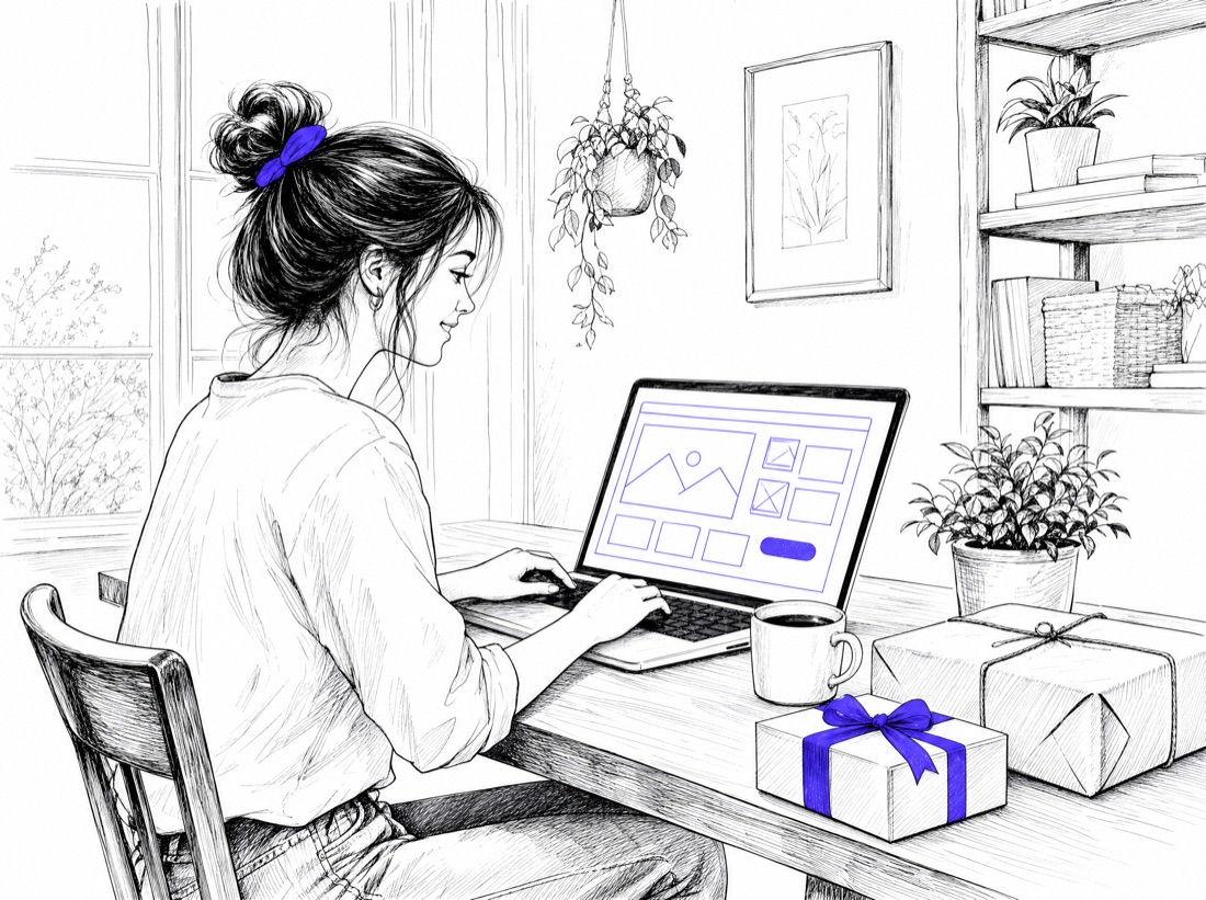 Ilustracija: vlasnica gradi svoju online prodavnicu na laptopu, paketi spremni za slanje